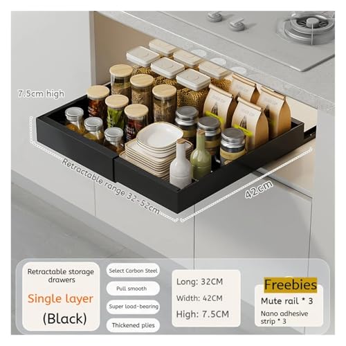 SAPIIKEF Ausziehbare Metallschubladen, verstellbare Breite, Gewürzkörbe, Nicht perforierte Schränke, ausziehbare Regale(Black B003) von SAPIIKEF