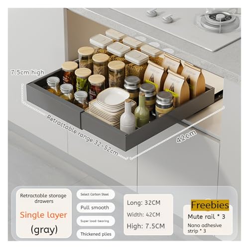 SAPIIKEF Ausziehbare Metallschubladen, verstellbare Breite, Gewürzkörbe, Nicht perforierte Schränke, ausziehbare Regale(Gray G003) von SAPIIKEF