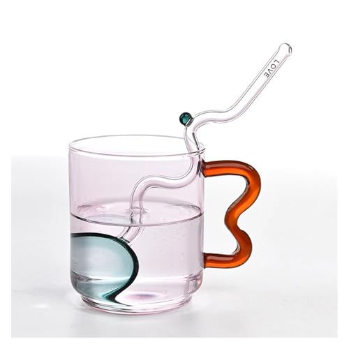 SAPIIKEF Farbige Glasbecher Design Bunte gewellte Ohrglasbecher Handgemachte Milch Kaffee Saft Getränke Glasbecher(Pink Cup and Spoon) von SAPIIKEF