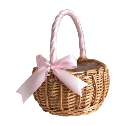 SAPIIKEF Gewebter Blumenkorb aus Rattan, Aufbewahrungskorb for Blumenmädchen, handgefertigter Blumenkorb for Zuhause, Hochzeitsdekoration(Pink Ribbon small) von SAPIIKEF