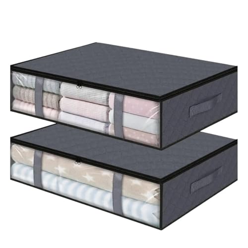 SAPIIKEF Kleideraufbewahrungsbehälter mit Deckel, Faltbare Aufbewahrungstaschen for Decken mit Reißverschlüssen, transparentem Fenster(2Pcs Middle Gray) von SAPIIKEF