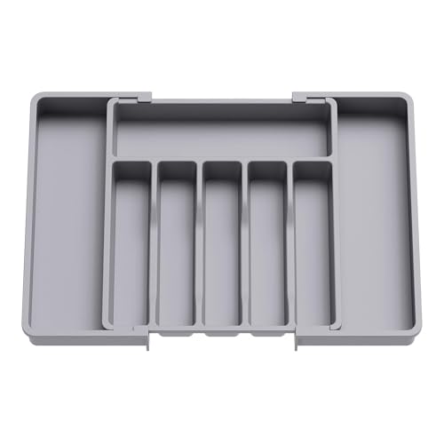 SAPIIKEF Upgrade-Verstellbarer Besteck-Geschirr-Organizer mit Trennwänden, Utensilienhalter, Kunststoff-Aufbewahrungsschale for Löffel, Gabeln, Messer(Gray) von SAPIIKEF