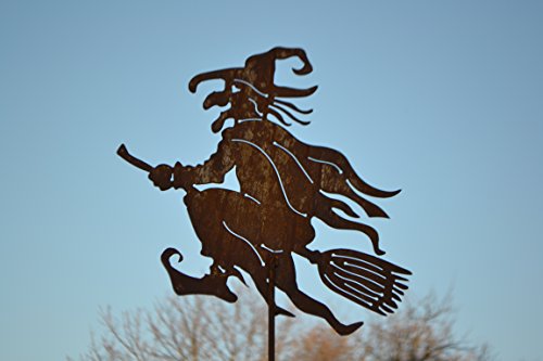 SAR Gartenstecker Hexe auf Besen- Gesamthöhe 120 cm- für den Garten, stabile Ausführung, Metall mit Edelrost, frostsicher von SAR