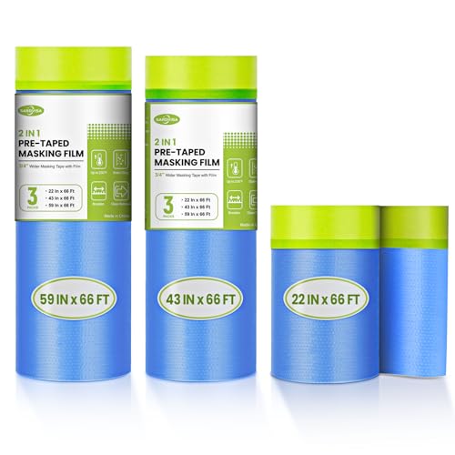 Vorgeklebte Abdeckfolie zum Malen, 59/43/55,9 cm x 1,8 m, 3 Rollen, Maler-Kunststofffolie mit verbreitertem Farbband und Vorhang zum Abdecken von Wänden, Fenstern, Autos und Möbeln von SARDVISA