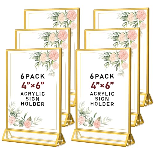 SAREAL 6er-Pack Gold-Bilderrahmen Doppelseitig, 10X15 cm klar Staffelei Tabelle steht für Zeichen, Acryl Gold Tischnummer Halter, Goldrahmen für Hochzeit Tischnummern, Menü-Halter, Gold Fotorahmen von SAREAL