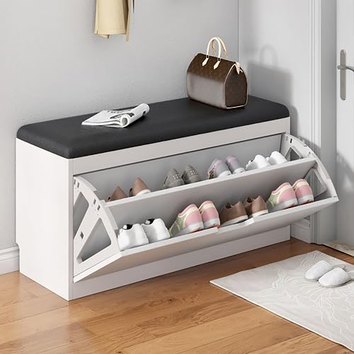 Schuhschrank Schuhbank Mit Sitzbank Und Sitzkissen, Shoe Rack with Seat,Sitzbank Mit Sitzfläche Und Speicherfunktion,Holz Schuhregal Mit Stauraum Unter Sitzfläche Für Flur Und Eingang (Color : Black von SARKEY