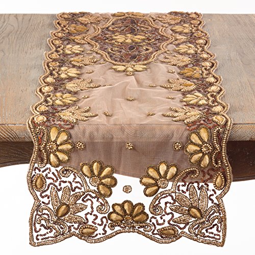 SARO LIFESTYLE 5283.GL1690B Irena Collection Tischläufer mit handgearbeitetem Perlendesign, Polyester, Gold von SARO LIFESTYLE
