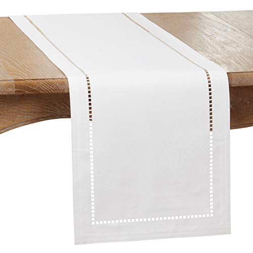 SARO LIFESTYLE 9738.W1454B Hadleigh Collection Tischläufer mit lasergeschnittenem Hohlsaum, Polyester, Weiss/opulenter Garten von SARO LIFESTYLE