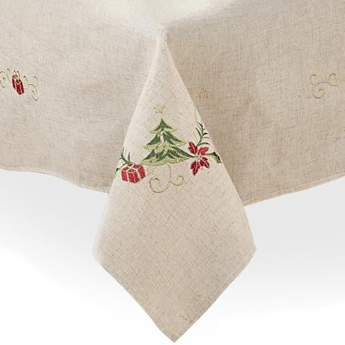 SARO LIFESTYLE Embroidered Christmas Tree Design Linen Blend Tablecloth, 67" x 180", Natural von SARO LIFESTYLE