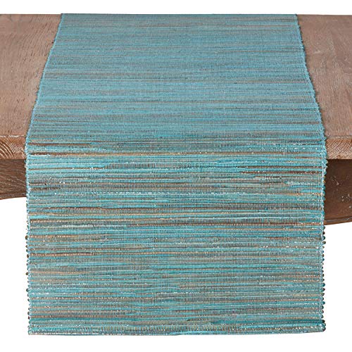 SARO LIFESTYLE Melaya Collection Shimmering Woven Nubby Water Hyacinth Table Runner, 14" x 54", Turquoise von SARO LIFESTYLE