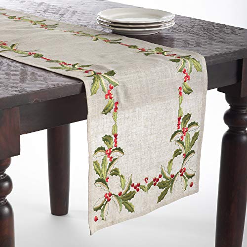 SARO LIFESTYLE QX653.N1654B Holiday Holly Collection Bestickter Tischläufer mit Stechpalmen-Design, 75% Polyester, 25% Leinen, Natürlich von SARO LIFESTYLE