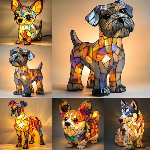 LED-Hundelampe Französische Bulldogge & Corgi Harzlampe, Retro Dog Stained Resin Table Lamp, Colorful Animal Figurines, Dog Series Art Night LightHaustier-Deko für Wohnzimmer (F) von SAROZZTAL
