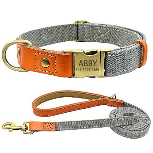 Personalzied Namenshalsband Für Hunde,Individuell Graviert,Mit Schwerer Schnalle,Nylon-Hundehalsband-Leine-Set Für Kleine,Mittelgroße Und Große Hunde,Grau,Halsband M Leine 1,5cm von SARUEI