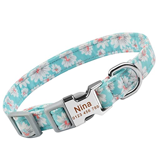 SARUEL Nylon-Blumen-Hundehalsband,Personalisiertes Haustier,Benutzerdefinierte Gravierte Namensmarke,Verstellbar,L 36-55cm von SARUEL