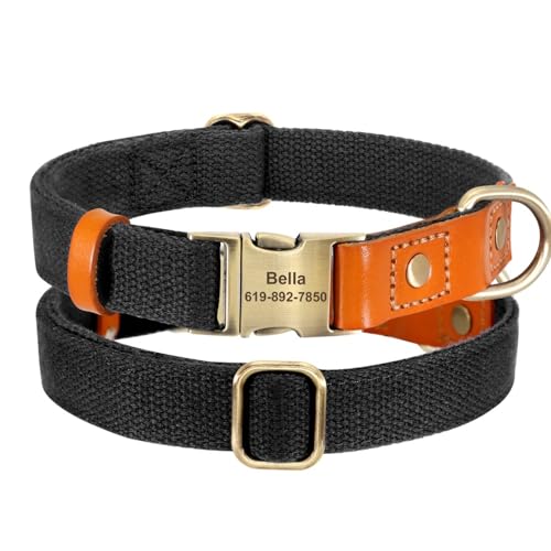 SARUEL Personalisiertes Hundehalsband Aus Nylon,PU-Leder,Hundeschnallenhalsbänder,Anti-Lost-ID-Tag,Namensschild,Verstellbar Für Kleine,Mittelgroße Und Große Hunde,Schwarz,37-55cm von SARUEL