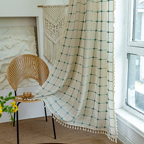 SASIAGAYA Vorhänge Beige Verdunkelung Durchscheinend Boho Gardinen Vintage Kariert Quasten Vorhang Landhausstil Baumwolle Leinen Vorhänge 2er Set für Modern Schlafzimmer Wohnzimmer 132×274cm von SASIGAYA