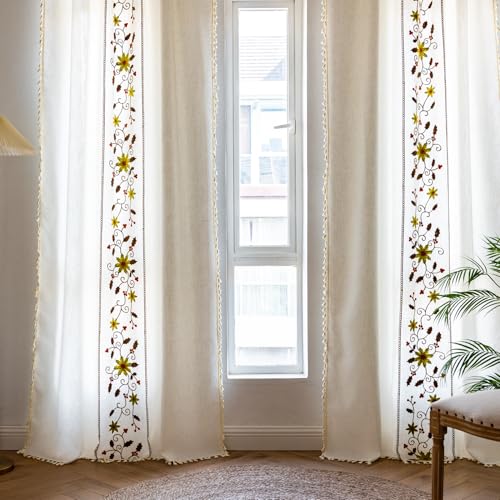 SASIGAYA Beige Vorhänge 2er Set Boho Vintage Blumen Bestickte Vorhang Landhausstil Baumwolle Leinen Verdunklungen Gardinen mit Quasten Stabtaschenvorhänge für Schlafzimmer Wohnzimmer B137×H160cm von SASIGAYA