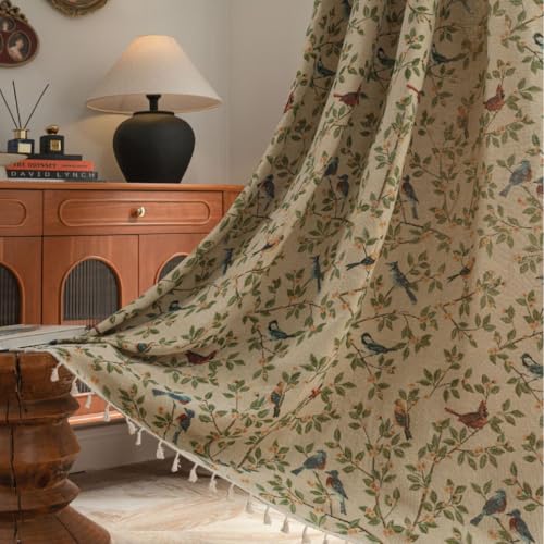 SASIGAYA Beige Vorhänge Boho Vintage Äste und Vögel Bestickte Vorhang 150×260cm Landhausstil Baumwolle Leinen Verdunklungen Gardinen mit Quasten Stabtaschenvorhänge für Schlafzimmer Wohnzimmer 2 Stück von SASIGAYA