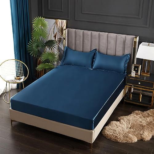 SASIGAYA Blau Satin Spannbettlaken 90x200cm Marineblau Seide Glänzend Einfarbig Microfaser Spannbetttuch Hochwertiges Deluxe Unifarben Satin Bettlaken für Boxspringbett Topper Matratzen bis 25cm von SASIGAYA