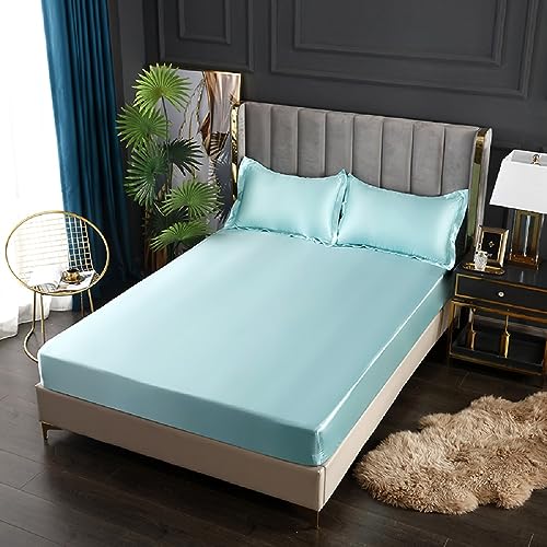 SASIGAYA Blaue Satin Spannbettlaken 90x200cm Hellblau Seide Glänzend Einfarbig Microfaser Spannbetttuch Hochwertiges Deluxe Unifarben Satin Bettlaken für Boxspringbett Topper Matratzen bis 25cm von SASIGAYA