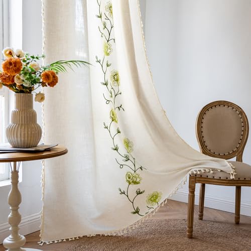 SASIGAYA Boho Beige Vorhänge 2er Set Vintage Blumen Bestickte Vorhang Landhausstil Stabtaschenvorhänge Baumwolle Leinen Verdunklungen Gardinen mit Quasten für Schlafzimmer Wohnzimmer B137×H180cm von SASIGAYA