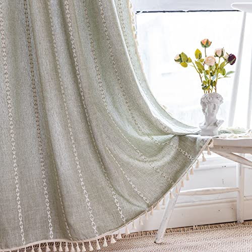 SASIGAYA Vorhänge Boho Vintage Grün Quasten Gardinen Landhausstil Durchscheinend Vorhang Bestickte Baumwolle Leine Verdunkelung Vorhang mit Ösen 2er Set für Modern Schlafzimmer Wohnzimme 140×220cm von SASIGAYA