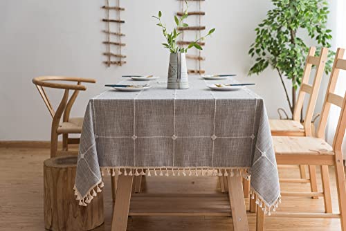 SASIGAYA Boho Grau Tischdecke Abwaschbar,Baumwolle Leinen Kariert Wasserabweisend Tischtuch mit Quasten für Quadratisch Fleckschutz für Home Party Hochzeit Dekoration Garten-Tischtücher(110×110cm) von SASIGAYA