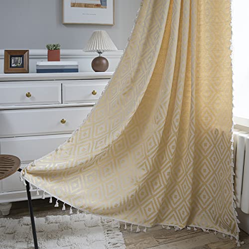 SASIGAYA Boho Vorhänge 2er Set Gelb Gardinen 200cm hoch Gardinenschals mit Quasten Baumwolle Bestickte Vorhang Blickdicht Geometrische Muster Verdunkelungsvorhänge für Morden Schlafzimmer Wohnzimmer von SASIGAYA