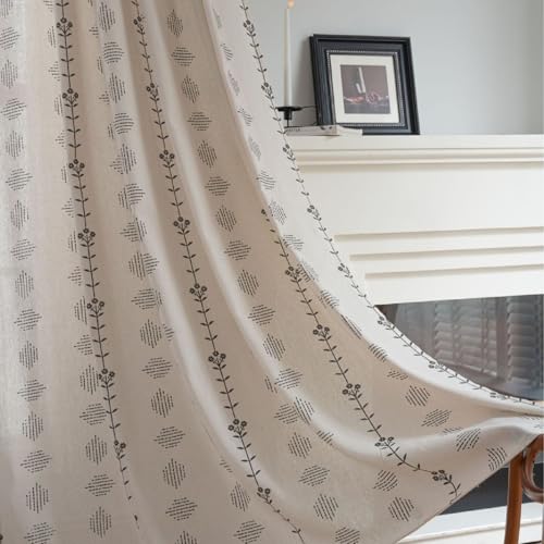 SASIGAYA Boho Vorhänge Beige Vintage Baumwolle Leinen Schiebevorhänge im Landhausstil Gardinen Halbschattig Bedruckte Vorhang B132×H160cm 2 Stück für Küche Wohnzimmer Schlafzimmer Curtains von SASIGAYA