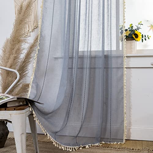 SASIGAYA Boho Vorhänge Transparente Blau Voile Gardinen 160 cm Lang Durchsichtige Vorhang Dekoschal Vintage Quasten Landhausstil Stabtaschenvorhänge 2er Set für Modern Küche Wohnzimmer Schlafzimmer von SASIGAYA