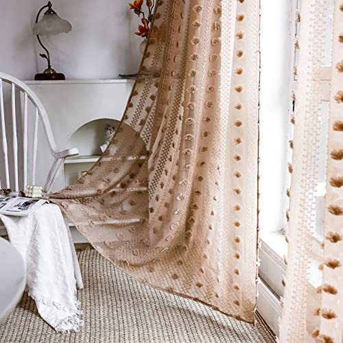 SASIGAYA Boho Vorhänge Transparente Braun Voile Gardinen 160 cm Lang Durchsichtige Vorhang Dekoschal Pompons Vintage Landhausstil Stabtaschenvorhänge 2er Set für Modern Küche Wohnzimmer Schlafzimmer von SASIGAYA