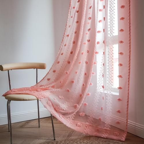 SASIGAYA Boho Vorhänge Transparente RosaVoile Gardinen B132×H180cm Durchsichtige Vorhang Dekoschal Pompons Vintage Landhausstil Bauernhaus Vorhänge 2 Stück für Modern Küche Wohnzimmer Schlafzimmer von SASIGAYA