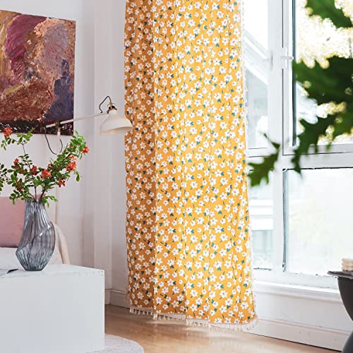 SASIGAYA Boho Vorhang Gelb Vintage Quasten Vorhänge Lichtdurchlässige Verdunklungen Landhausstil Bauernhaus Gardinen Weiß Blumenmuster Baumwolle Vorhänge 2er Set für Schlafzimmer Wohnzimmer 150×120cm von SASIGAYA