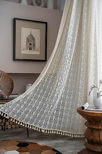 SASIGAYA Boho Vorhang Vintage Beige Vorhänge B150×H220cm Landhausstil Häkeln Stricken Blume Lichtdurchlässige 2er Set Gardinen mit Quasten Durchbrochene Spitze Vorhänge für Schlafzimmer Wohnzimmer von SASIGAYA