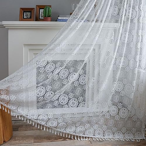 SASIGAYA Boho Vorhang Vintage Weiß Vorhänge B150×H220cm Landhausstil Häkeln Stricken Lichtdurchlässige 2er Set Gardinen mit Quasten Durchbrochene Spitze Vorhänge für Schlafzimmer Wohnzimmer Balkon von SASIGAYA