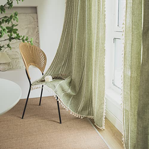 SASIGAYA Durchbrochene Bestickte Grün Vorhänge Boho Vintage Landhausstil Quasten Gardinen Durchscheinende Baumwolle Leinen Verdunklungsvorhänge 2er Set für Modern Schlafzimmer Wohnzimmer 132×274cm von SASIGAYA
