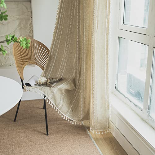 SASIGAYA Durchbrochene Bestickte Khaki Vorhänge Boho Vintage Landhausstil Quasten Gardinen Durchscheinende Baumwolle Leinen Verdunklungsvorhänge 2er Set für Modern Schlafzimmer Wohnzimmer 132×274cm von SASIGAYA