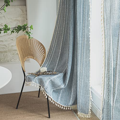 SASIGAYA Vorhänge Boho Vintage Quasten Landhausstil Gardinen Durchbrochene Bestickte Baumwolle Leinen Verdunklungsvorhänge Blau Durchscheinende Vorhang für Schlafzimmer Wohnzimmer 140×180cm 2 Stück von SASIGAYA