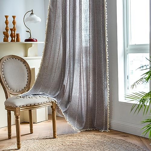 SASIGAYA Durchbrochene Bestickte Vorhänge Boho Braun Gardinenschals mit Ösen Baumwolle Leinen Wohnzimmer Lichtdurchlässige Vorhänge für Modern Schlafzimmer Wohnzimmer Kinderzimmer 2 Stück 140×140cm von SASIGAYA