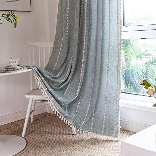 SASIGAYA Gardinen Baumwolle Leine Blau Halbtransparent Vorhänge Boho Vintage Landhausstil Quasten Vorhang Bestickte Verdunkelung Vorhänge 2er Set für Modern Schlafzimmer Wohnzimme H 244 × B 132 cm von SASIGAYA