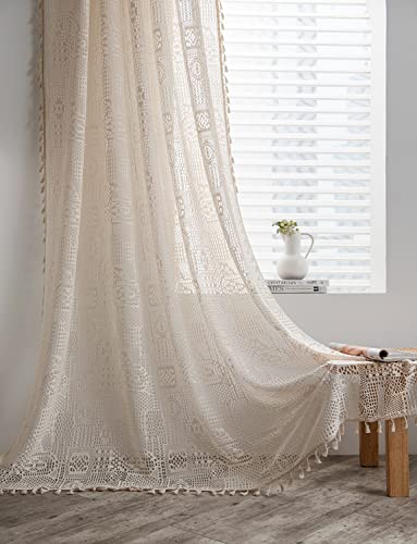 SASIGAYA Gardinen Beige Boho Vorhänge Landhausstil Vintage Quasten Gardinen Durchscheinende Durchbrochene Vorhang Häkeln Stricken 2er Set für Küche Schlafzimmer Wohnzimmer Balkon H 180 × B 150 cm von SASIGAYA