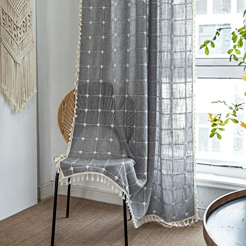 SASIGAYA Gardinen Bestickte Kariert Durchscheinend Vintage Vorhänge 240 cm Höhe Grau Baumwolle Leine Verdunkelung Vorhang Quasten Landhausstil für Modern Schlafzimmer Wohnzimmer 2 Stück von SASIGAYA