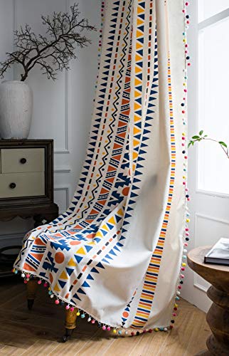 SASIGAYA Gardinen Boho Bunt Geometrische Vorhänge Vintage Beige Vorhang mit Pompom Quasten Lichtdurchlässig Baumwolle Leinen Verdunkelungs Vorhänge für Wohnzimmer Schlafzimmer 2 Stück H220×B150cm von SASIGAYA