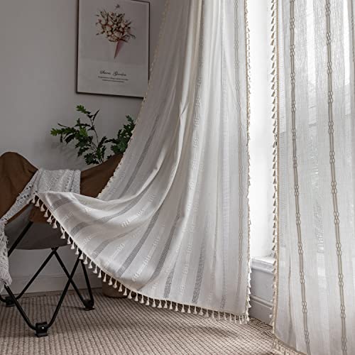 SASIGAYA Gardinen Boho Durchbrochene Bestickete Vorhänge 140×240 cm Durchscheinende Verdunklungen Vintage Weiß Vorhang Quasten Landhausstil Gardinen 2er Set für Schlafzimmer Wohnzimmer von SASIGAYA