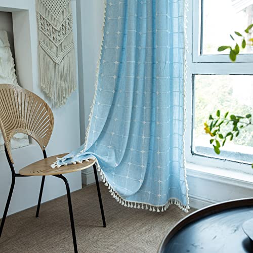 SASIGAYA Gardinen Boho Durchscheinend Verdunkelung 140×180 Vorhänge Vintage Kariert Quasten Vorhang Bestickte Baumwolle Leine Blau Gardinen Landhausstil für Modern Schlafzimmer Wohnzimmer 2 Stück von SASIGAYA