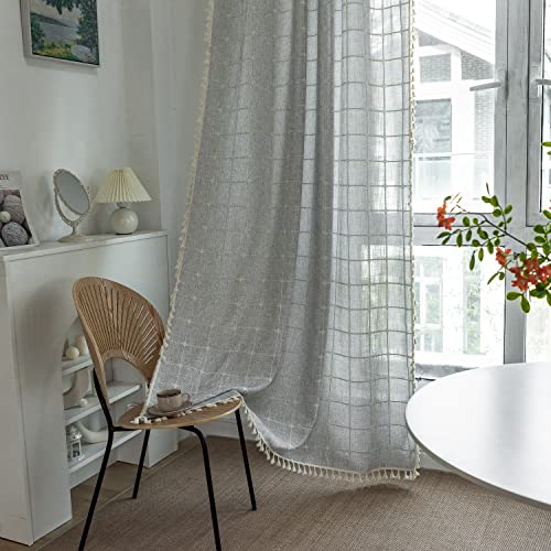 SASIGAYA Gardinen Boho Durchscheinend Verdunkelung Baumwolle Leinen Vorhänge Vintage Bestickte Gardinen Hellgrau Kariert Landhausstil Quasten Vorhang für Modern Schlafzimmer Wohnzimmer 2 Stück 60×90 von SASIGAYA