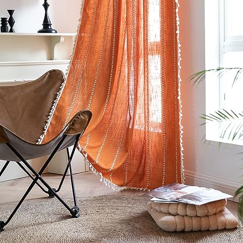 SASIGAYA Gardinen Boho Vintage Vorhänge Durchbrochene Bestickte Quasten Vorhang Landhausstil Durchscheinende Baumwolle Leinen Verdunklungsvorhänge Orange für Modern Schlafzimmer Wohnzimmer 132×214cm von SASIGAYA