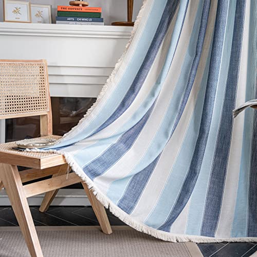 SASIGAYA Gardinen Boho Vintage Vorhänge Verdunklungen Bauernhaus Blau Gestreifte Vorhang Landhausstil Quasten Vorhänge 300 cm Lang mit Streifen Muster für Modern Küche Schlafzimmer Wohnzimmer 2 Stück von SASIGAYA