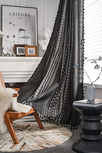 SASIGAYA Gardinen Boho Vorhänge 150 Breit Schwarz Weiß Geometrischem Muster Vintage Vorhang mit Quasten Baumwolle Leinen Halbtransparent Verdunkelungs für Modern Küche Wohnzimmer Schlafzimmer 2er-Pack von SASIGAYA