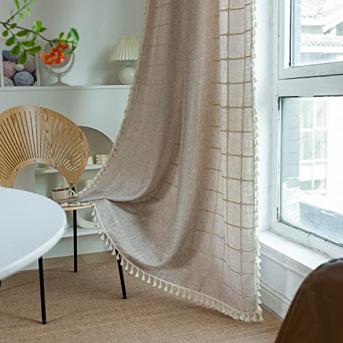 SASIGAYA Gardinen Durchscheinend Bestickte Kariert Vintage Vorhänge Khaki Gardinenschals mit Quasten Baumwolle Leine Verdunkelung für Schlafzimmer Wohnzimmer Kinderzimmer B140 ×H220 cm 2 Stück von SASIGAYA